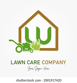 Initial W Latter with Mower Machine for Lawn Care Service Company Logo. Landscaping Lawnmower Home Maintenance Business Branding