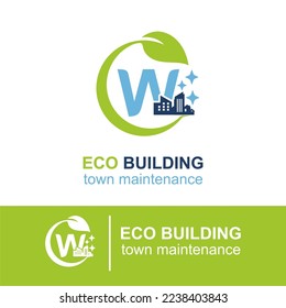 Letra W inicial Edificio Eco Edificio Edificio de mantenimiento Ciudad Plantilla de diseño de logotipo de empresa exterior. Servicio de limpieza de viviendas y edificios