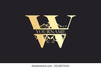 Initial W letter, floral Split Letter Monogram,luxury Wedding invitation Monogram Design,gold color on black background