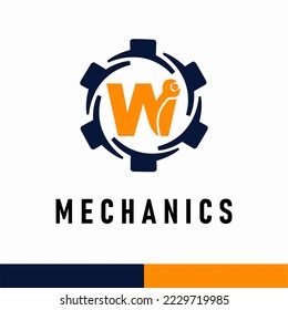 Initial W Letter with Gear and Wrench symbol for mechanic automotive repair business service logo template