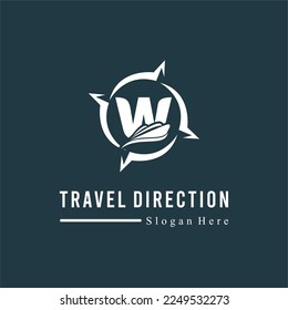 Initial W Letter with Ship Marine and Compass Icon for Travel Guide Navigation Business Logo Idea Template