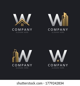 Initial W logo with real estate elements in gold and silver color