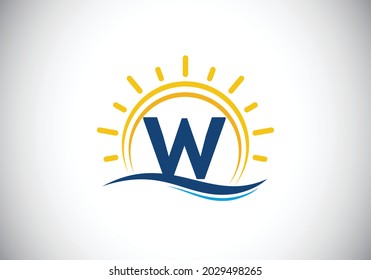 Initial W monogram alphabet with abstract sun and wave. Ocean sun logo design. Font emblem. Modern vector logo for a business, and company identity