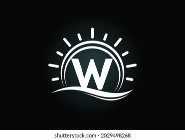 Initial W monogram alphabet with abstract sun and wave. Ocean sun logo design. Font emblem. Modern vector logo for a business, and company identity