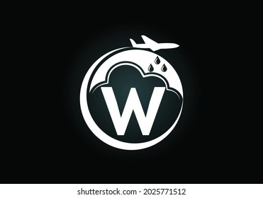 Initial W monogram alphabet with an airplane and cloud. Artificial rainmaking. Cloud seeding logo. Modern vector logo for the business, and company identity