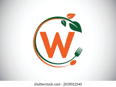 Initial W monogram alphabet with a fork, spoon, and leaf. Healthy, natural, food logo. Modern vector logo for cafe, restaurant, cooking business, and company identity