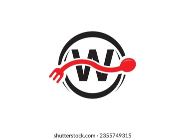 Initial W monogram alphabet with a fork, spoon, logo. Café Icon, Restaurant, Cooking Business Vector