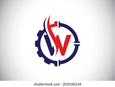 Initial W monogram alphabet with gear pipe and flame. Oil and gas logo concept. Font emblem. Modern vector logo for petroleum business and company identity
