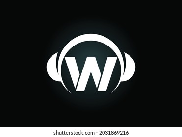 Initial W monogram alphabet with a headphone. Headphone Logo. Music sign symbol. Font emblem. Design element for poster, banner, t-shirt, notebook cover, sticker, greeting card, bag, badge.