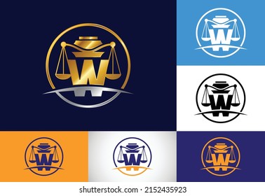 Initial W monogram alphabet with law scale sign symbol. Law office vector logo design template