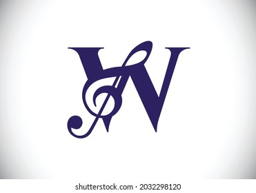 Initial W monogram alphabet with a musical note. Symphony or melody signs. Musical sign symbol. Font emblem. Modern vector logo design template.