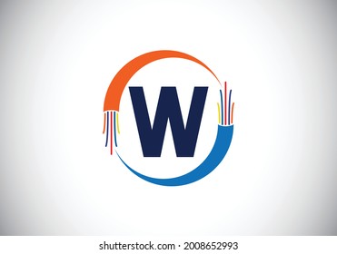 Initial W monogram letter alphabet with electric wire, optical fiber cable. Font emblem. Modern vector logo design for technology labels, electric business, and company identity