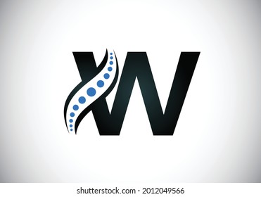 Initial W monogram letter alphabet with chiropractic spine logo. Spinal care icon. Font emblem. Modern logotype for orthopedic business and company identity.