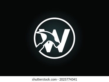 Initial W monogram letter alphabet with a Hammer. Repair, renovation, and construction logo. Modern vector logo for construction business, and company identity