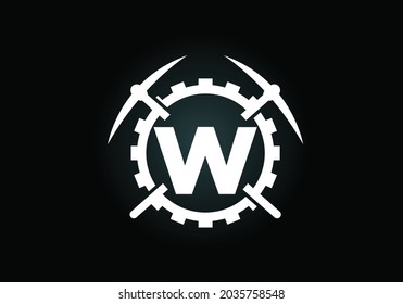 Initial W monogram letter alphabet with pickaxe and gear sign. Mining logo design concept. Modern vector logo for mining business and company identity.