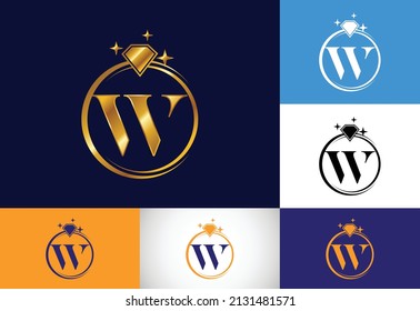 Initial W monogram letter alphabet in a circle with Diamond. Diamond Ring Logo. Jewelry logo design concept. Modern vector logo for business and company identity.