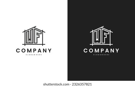 Initial WF home logo with creative house element in line art style vector design template