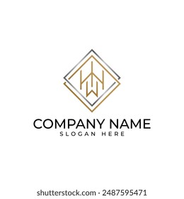 The initial WH logomark in gold color isolated by the 2 connected square in silver and gold represent the wealth investment and executed in modern luxury elegance and minimalist stye 