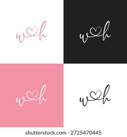Initial WH or W H logo design with heart symbol. Minimalist handwritten script monogram for wedding, beauty, or boutique brand