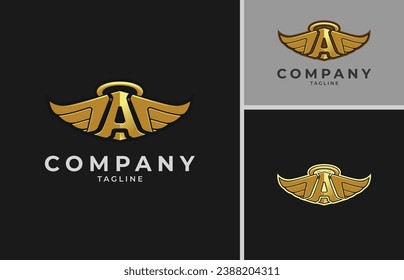 Initial A Wing Logo. Letter A with a Combination of Angel Wings and a Ring above it