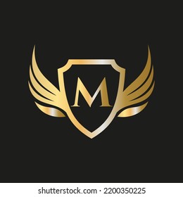 Initial Wing Logo On Letter M Alphabet For Transportation Logo Symbol