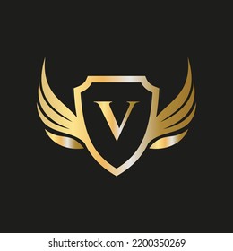 Initial Wing Logo On Letter V Alphabet For Transportation Logo Symbol