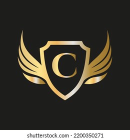 Initial Wing Logo On Letter C Alphabet For Transportation Logo Symbol