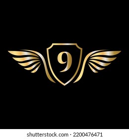Initial Wing Logo On Letter 9 Alphabet For Transportation Logo Symbol