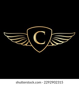 Initial Wing Logo On Letter C Alphabet For Transportation Logo Symbol