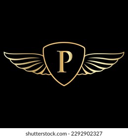 Initial Wing Logo On Letter P Alphabet For Transportation Logo Symbol