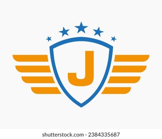 Initial Wing Logo On Letter J For Transportation Logo With Star Symbol