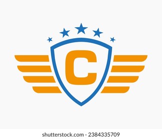 Initial Wing Logo On Letter C For Transportation Logo With Star Symbol