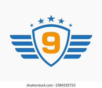 Initial Wing Logo On Letter 9 For Transportation Logo With Star Symbol