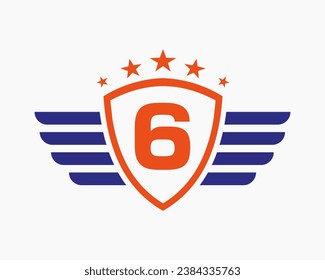 Initial Wing Logo On Letter 6 For Transportation Logo With Star Symbol
