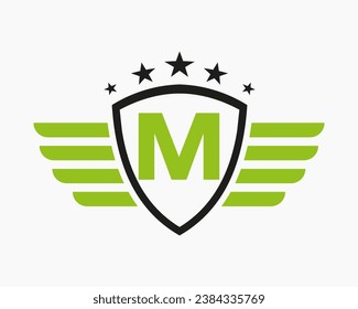 Initial Wing Logo On Letter M For Transportation Logo With Star Symbol