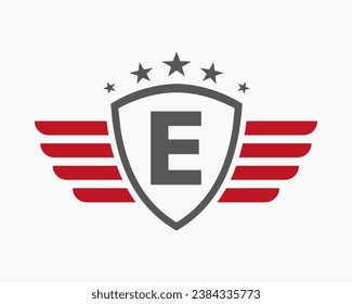 Anfangszeichen des Wing-Logos auf Buchstabe E für Verkehrszeichen mit Sternzeichen