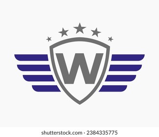 Initial Wing Logo On Letter W For Transportation Logo With Star Symbol