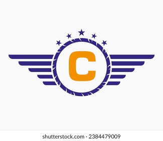 Initial Wing Logo On Letter C For Transportation Logo With Star And Speed Symbol
