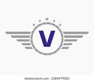 Initial Wing Logo On Letter V For Transportation Logo With Star And Speed Symbol