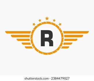 Initial Wing Logo On Letter R For Transportation Logo With Star And Speed Symbol