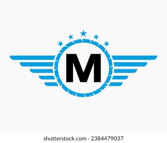 Initial Wing Logo On Letter M For Transportation Logo With Star And Speed Symbol