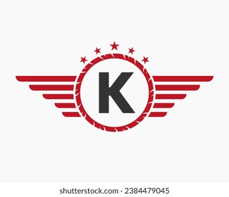 Initial Wing Logo On Letter K For Transportation Logo With Star And Speed Symbol
