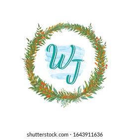 Initial WJ Letter Uppercase Characters inside Wreath Floral Logo Design