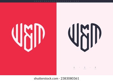 letras WM iniciales con el logotipo de corazón rojo y amor monograma de icono plano