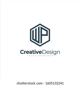 Initial WP letter WP, minimalist line art hexagon logo, Black color minimalist line art Polygon logo