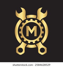 Initial Wrench Logo Combine With Letter M Vector Template