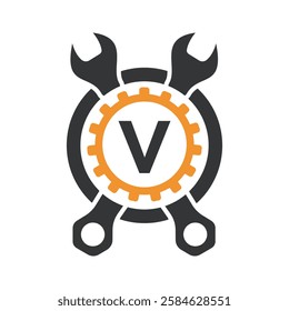 Initial Wrench Logo Combine With Letter V Vector Template