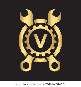 Initial Wrench Logo Combine With Letter V Vector Template