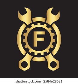 Initial Wrench Logo Combine With Letter F Vector Template