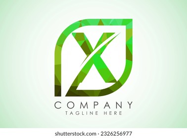 Alfabeto X inicial con hoja abstracta. Concepto de logotipo ecológico. Estilo de polos bajo